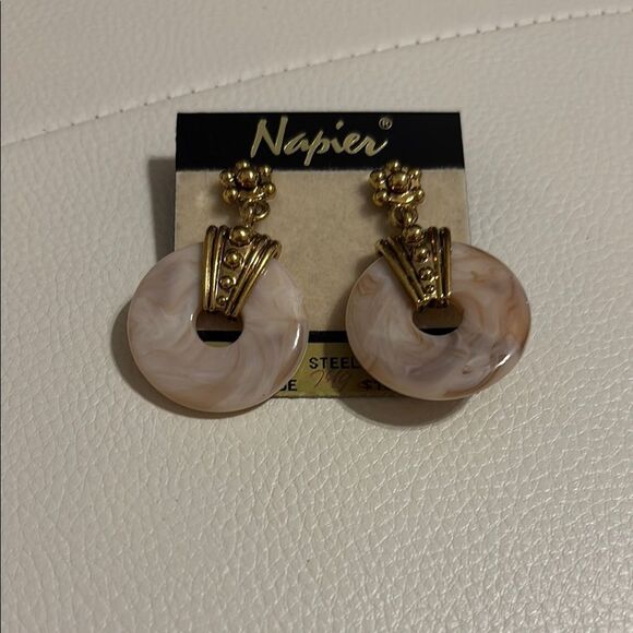 Napier Signed Gold and Cream Disc Earrings with Ornate Design - Picture 1 of 5